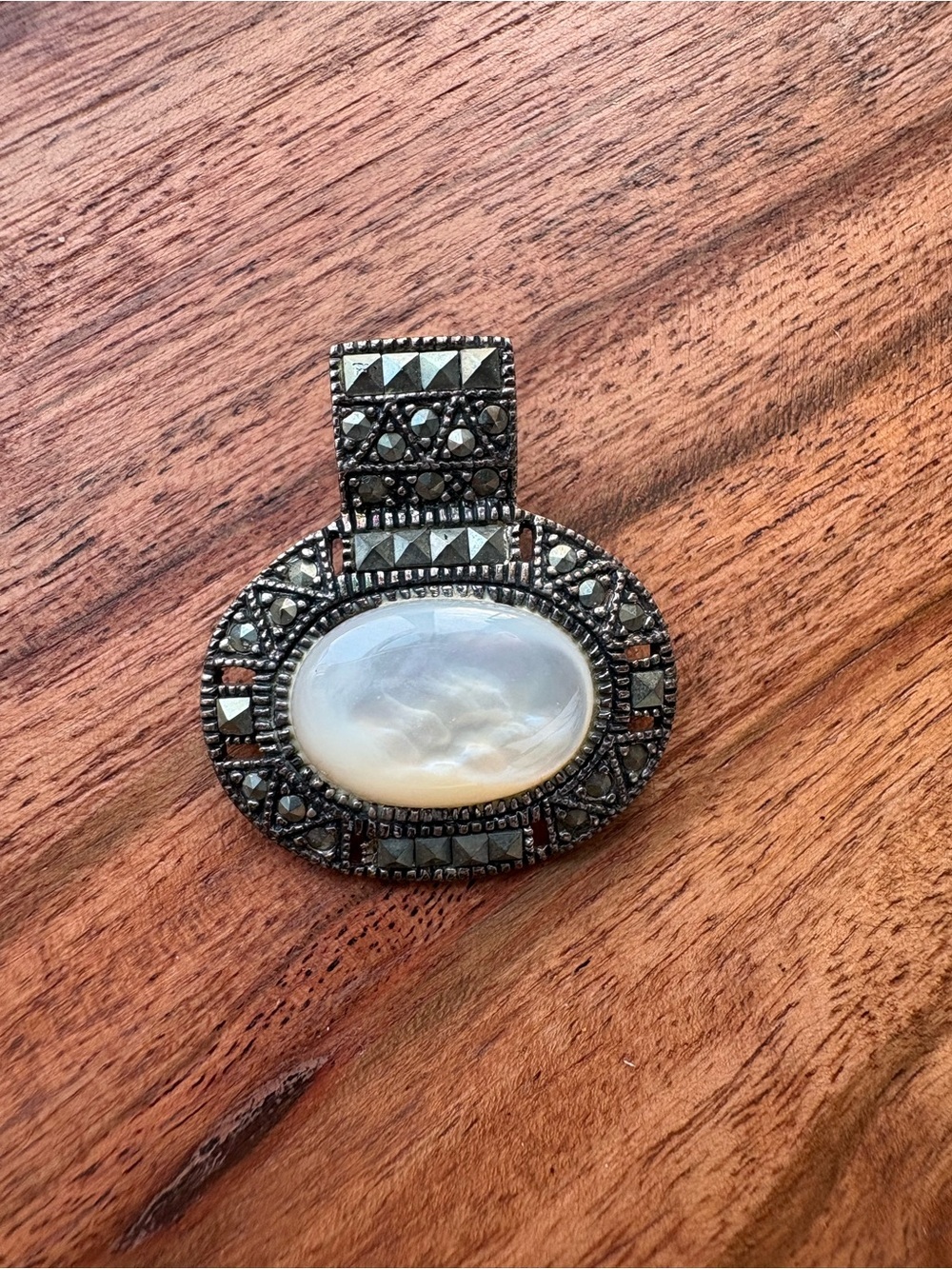 Vintage Sterling Silver Marcasite and Mother of Pearl Oval Pendant